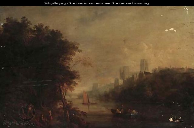 Loggers on the banks of the Wear, Durham Cathedral beyond - (after) William Havell