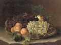 Still life of grapes, peaches and an apple in a wicker basket on a ledge - (after) William Hammer