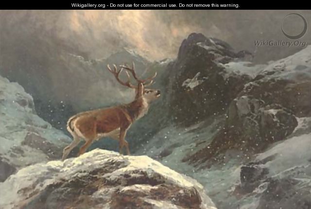 A stag in a highland winter landscape - Clarence Roe