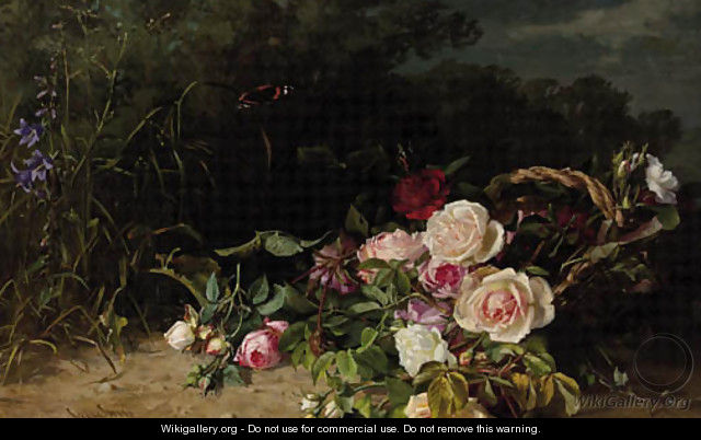 A forest landscape with roses in a wicker basket - Clara Von Sivers