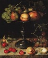 Pears, an apple, an apricot, grapes, almonds and wallnuts on a tazza with grapes, a wallnut, an abricot, cherries and almonds on a stone ledge - Clara Peeters