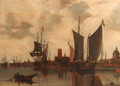 A view of Rotterdam with moored sailing vessels in the harbour, the Laurenskerk, Oude Hoofdpoort and Kruithuis beyond - Claesz Jansz Van Der Willigen