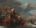 Travellers and villagers on a frozen river by a cottage - Claes Molenaar (see Molenaer)