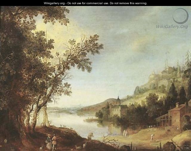 An extensive river landscape with travellers by a road, a castle beyond - Claes Dircksz. Van Der Heck