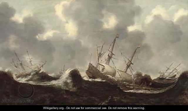 The Dutch fleet at sea in treacherous conditions - Claes Claesz Wou