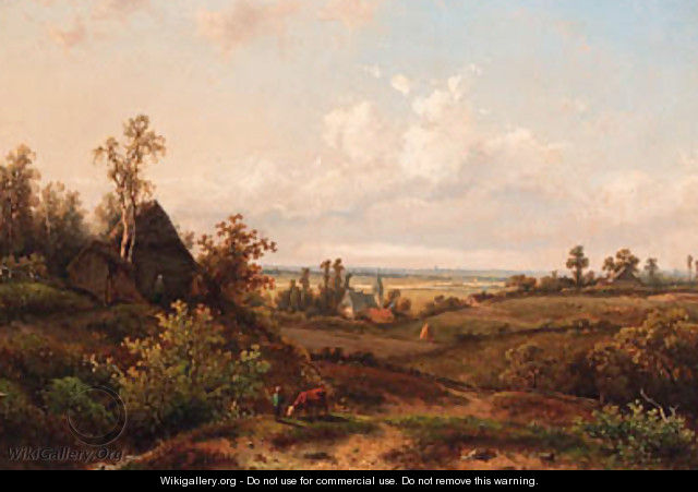 A young cowherd near a cottage in a summer landscape - Claas Hendrik Meiners