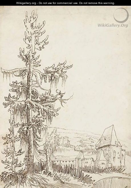 A landscape and a fortified house, a tree in the foreground - (after) Wolfgang Huber