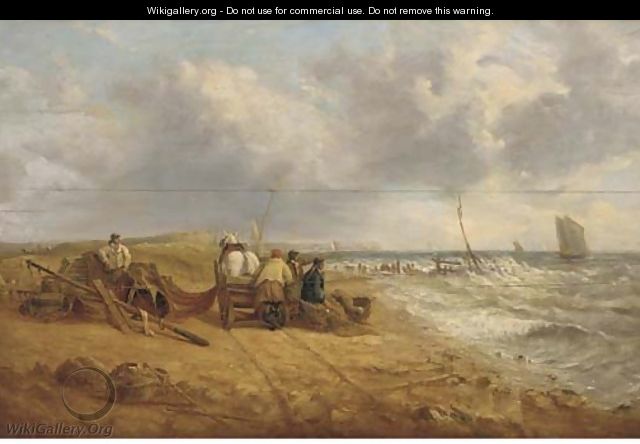 Fishermen on a windy beach - (after) William Joseph Shayer