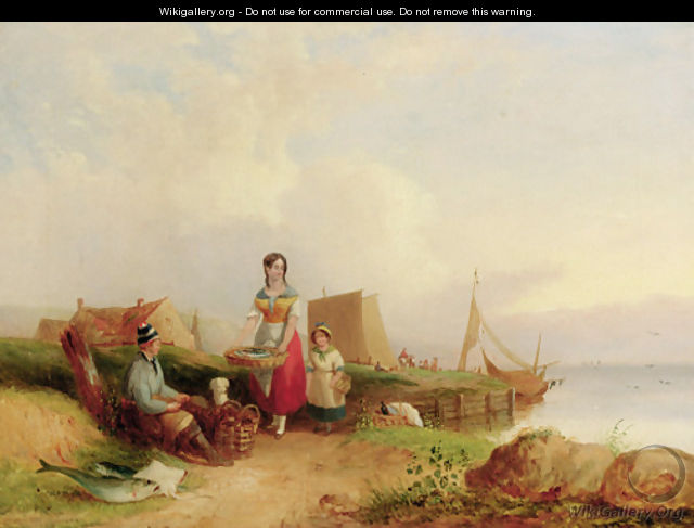 Fisherfolk before a landing stage; and Peasants resting before an extensive coastal landscape - (after) William Joseph Shayer