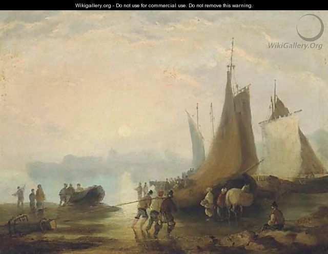 Figures on a beach unloading the catch - (after) William Joseph Shayer
