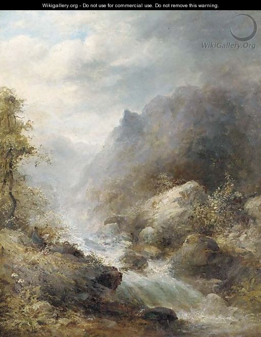 An artist sketching by a fast-flowing river - English School