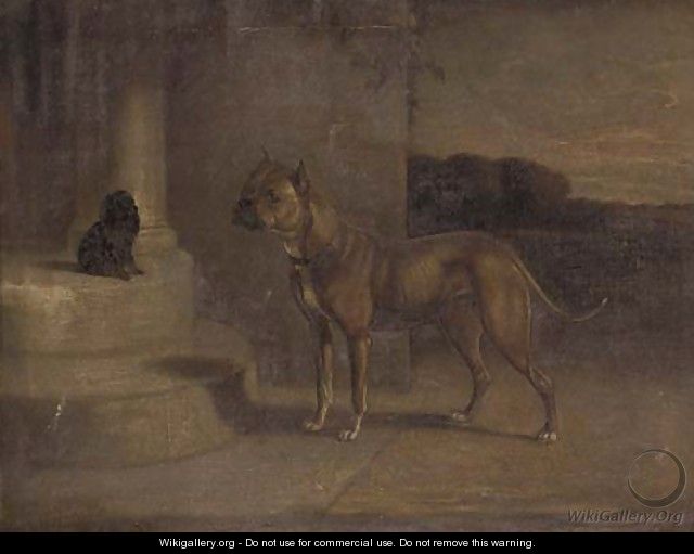 A Staffordshire bull terrier with a spaniel on a step - English School