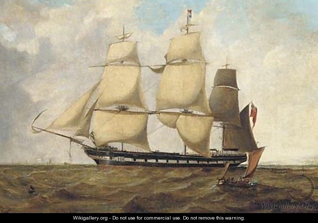 A rowing-boat approaching a three-masted vessel in open sea - English School