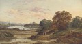 A mother and child in a country landscape with a river in the distance - English School