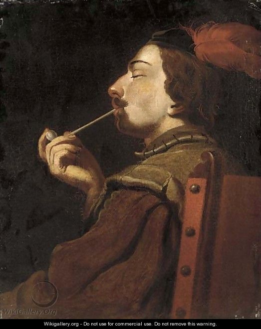 A man smoking a pipe - English School