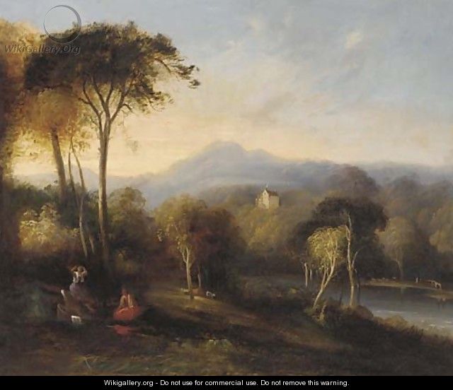 Figures in an extensive landscape with a castle beyond - English School