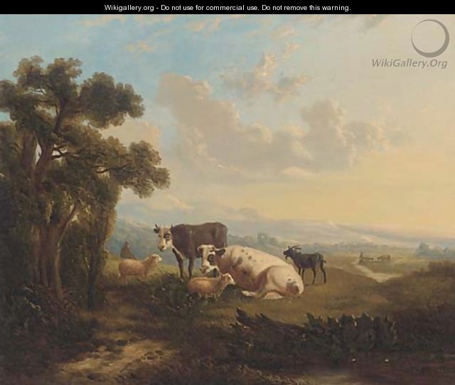 Cattle, sheep and a goat on a hill side - English School