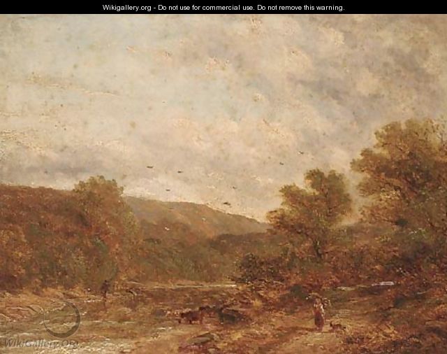 Cattle watering in a wooded landscape; and Figures on a wooded track - English School