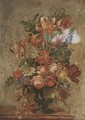 Poppies, roses, passion-flowers, irises, honey-suckle, tulips and lilies in a glass vase - English School