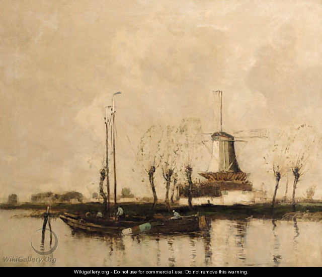 Moored barges in a waterway near a windmill - English School