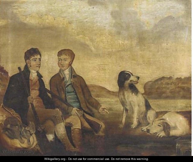 Huntsmen with their dogs resting by a river - English School