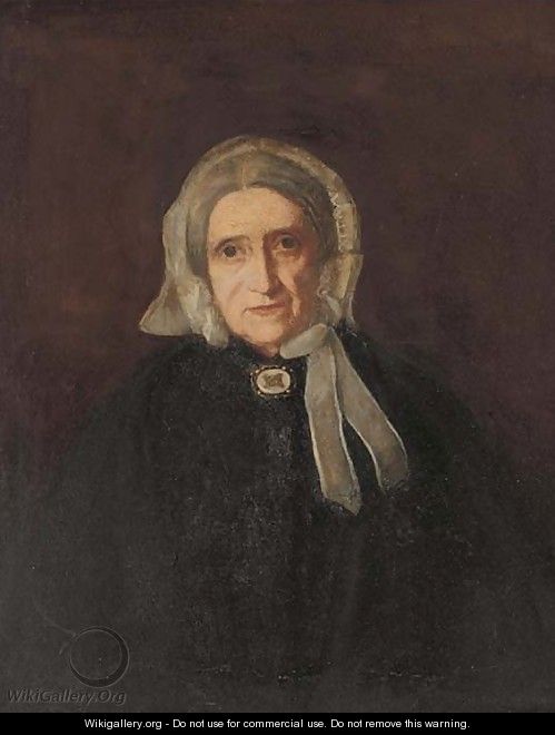 Portrait of an elderly lady, half-length, in black, with a white cap and broach - English School