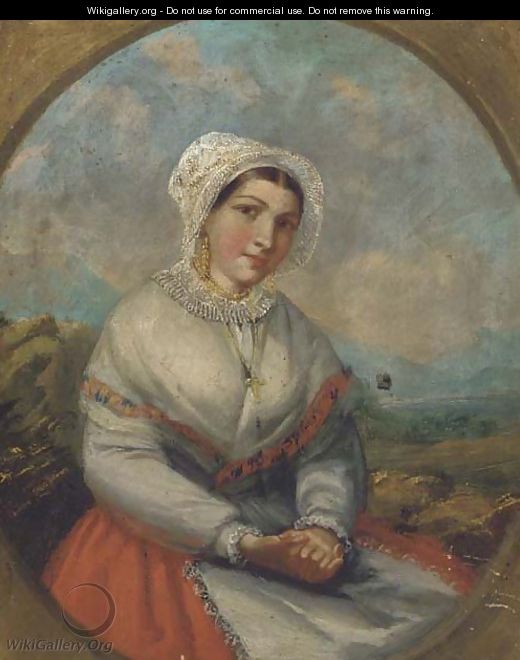 Portrait of a young maiden, seated three-quarter length, in an extensive landscape - English School