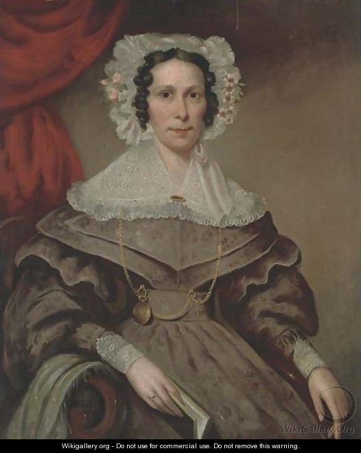 Portrait of a lady, seated three-quarter-length, in a lace trimmed purple dress, holding a book - English School