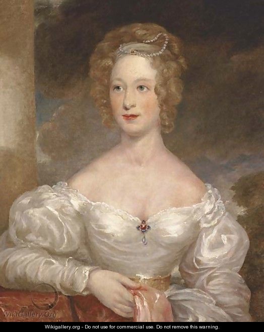 Portrait of a lady, bust-length, in a white silk dress with pearl tiara - English School