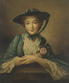 Portrait of a lady, bust-length, in a blue dress and hat holding a pink rose - English School
