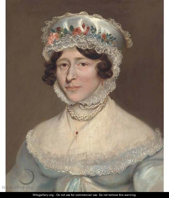 Portrait of a lady, bust-length, in a blue dress and a lace and silk bonnet with a floral border - English School