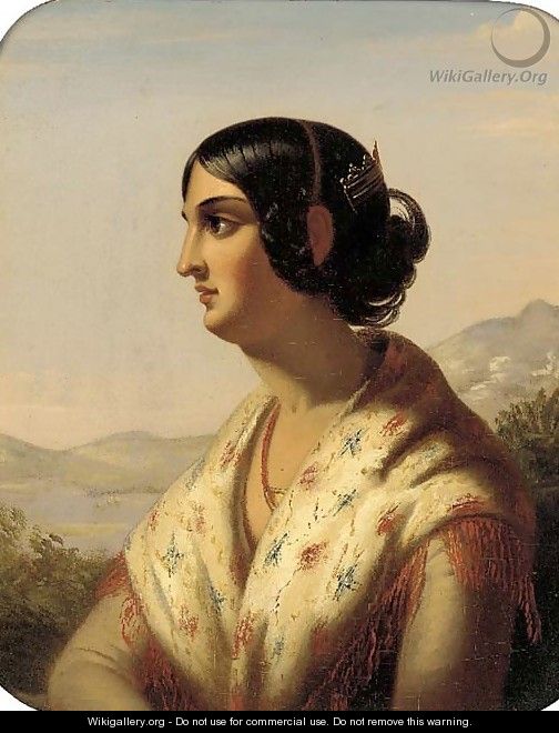 Portrait of a lady, bust length, in profile, a shawl draped over her shoulders, in an Italianate landscape - English School