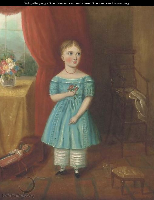 Portrait of a girl, small full-length, in a blue dress, holding a flower, in an interior - English School