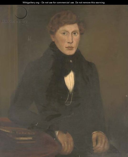 Portrait of a gentleman, seated three-quarter-length, in a black coat, resting his arm on a table - English School