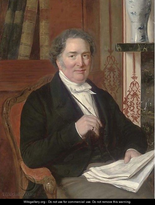 Portrait of a gentleman, seated three-quarter-length, in a black coat holding a paper in his left hand and a glass - English School
