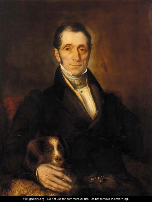 Portrait of a gentleman, seated half-length, in a brown jacket and cream cravat, his spaniel at his side - English School