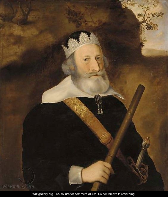 Portrait of a gentleman, half-length, in a black coat, a baton in his right hand, in a landscape - English School
