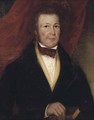 Portrait of a gentleman, half-length, in a black coat and yellow waistcoat, holding a book - English School