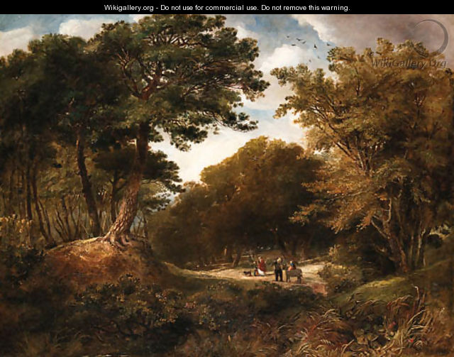 Travelers on a wooded path - English School