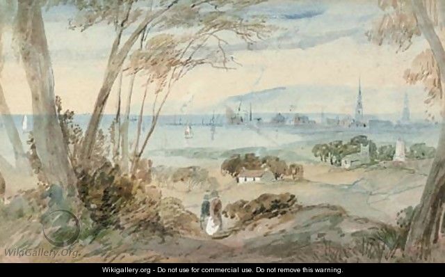 A distant view of Ayr; and Fishermen on the beach - English School