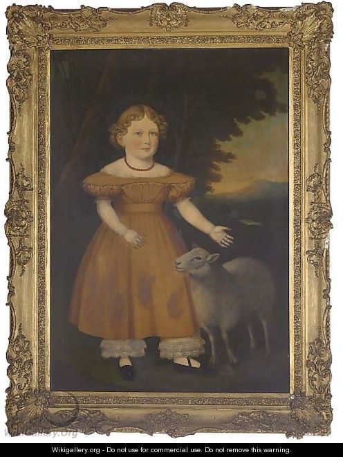 Portrait of a girl, full-length, in an orange dress and sheep - English Provincial School