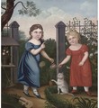 Portrait of two girls, full-length, in a garden - English Provincial School