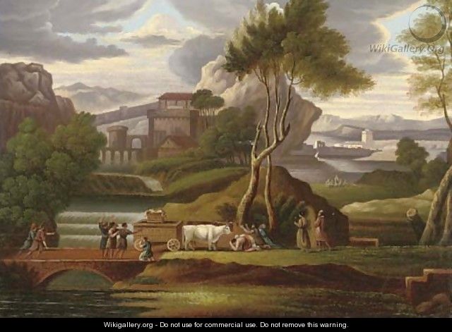 Worshippers before a holy relic, in a capriccio landscape - English Provincial School