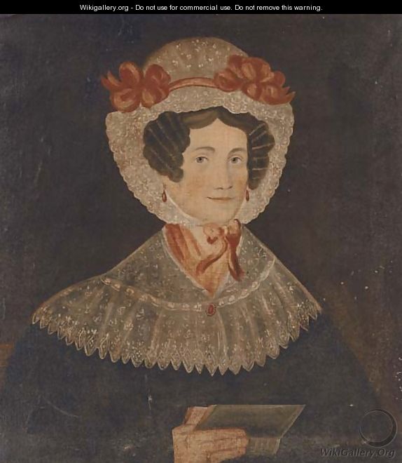 Portrait of a lady, half-length, in a black dress with lace collar and cap, holding a book - English Provincial School