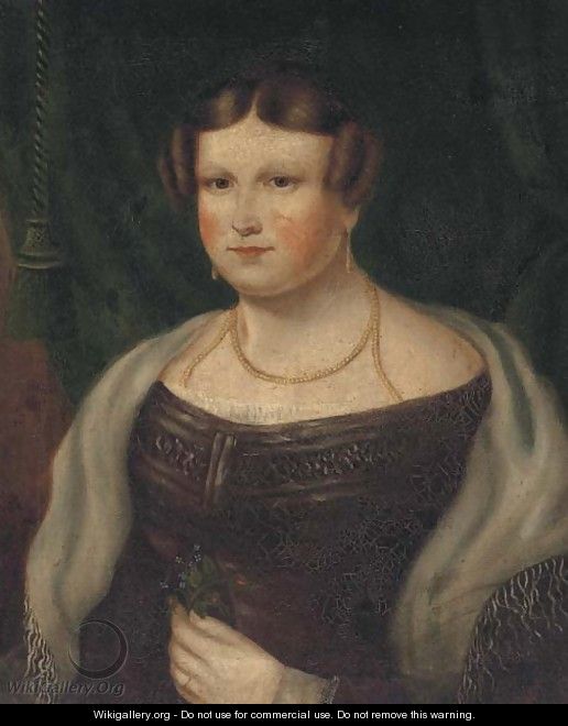 Portrait of a lady, bust-length, in a purple dress, holding a posy - English Provincial School