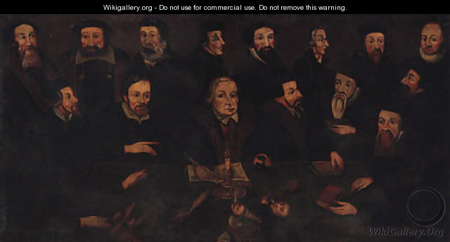 Allegory with Martin Luther surrounded by Beza, Calvin, Melanchton and other Protestant Leaders, gathered round a Table - English School