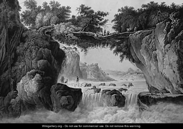 Travellers and Bearers crossing a Waterfall in a topographical Landscape - English School
