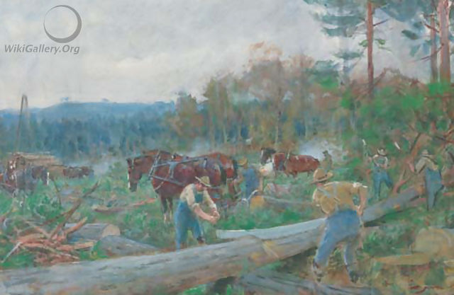 Lumberjacks and horses in a woodland clearing - English School