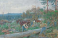 Lumberjacks and horses in a woodland clearing - English School