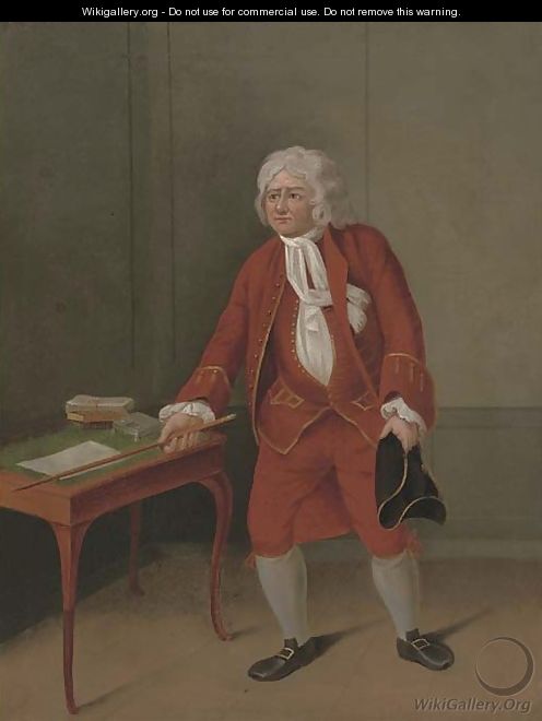Portrait of an actor, full-length, in a red coat, waistcoat and breeches - English School